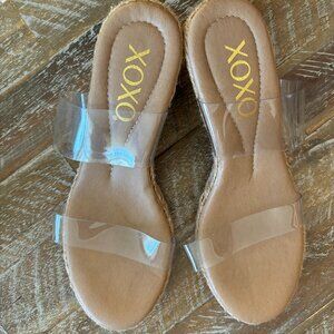 XOXO Wedge Sandal with Clear Straps, Size 6